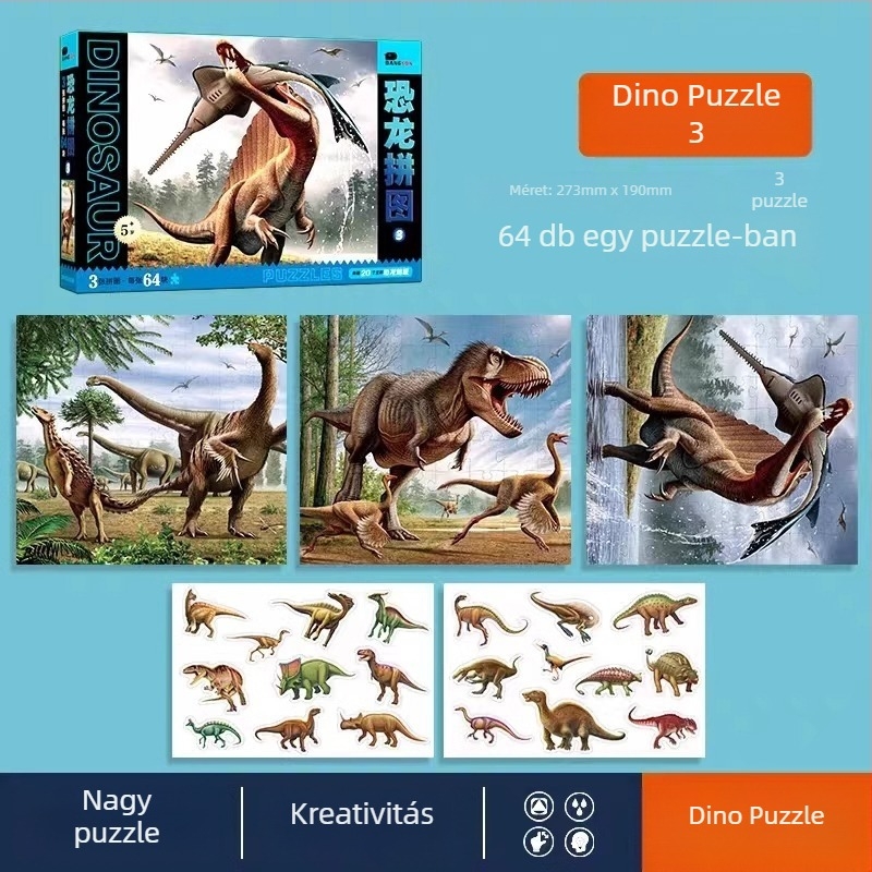 Dínó puzzle gyerekeknek – sík puzzle, 100/200/300 darab, papír, DIY lehetőség, 4–6 éveseknek