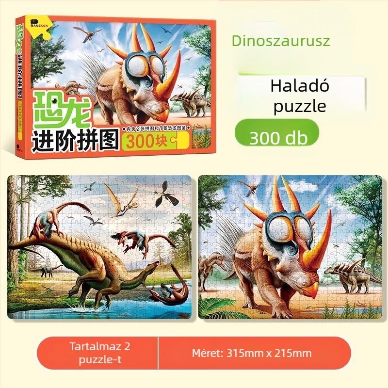 Dínó puzzle gyerekeknek – sík puzzle, 100/200/300 darab, papír, DIY lehetőség, 4–6 éveseknek