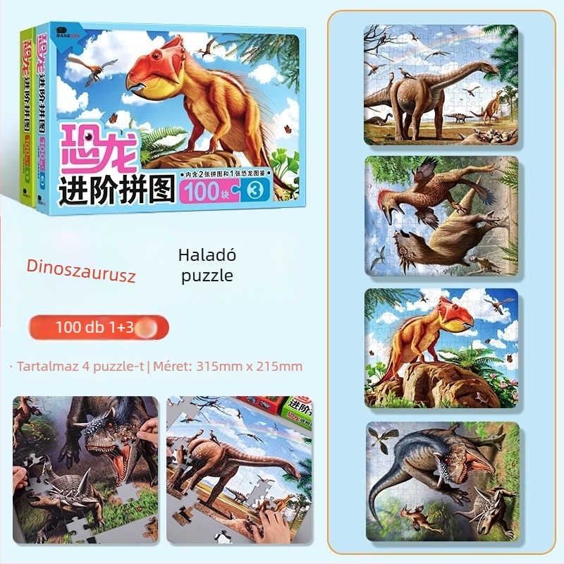 Dínó puzzle gyerekeknek – sík puzzle, 100/200/300 darab, papír, DIY lehetőség, 4–6 éveseknek