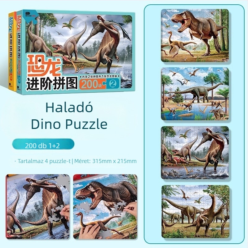 Dínó puzzle gyerekeknek – sík puzzle, 100/200/300 darab, papír, DIY lehetőség, 4–6 éveseknek