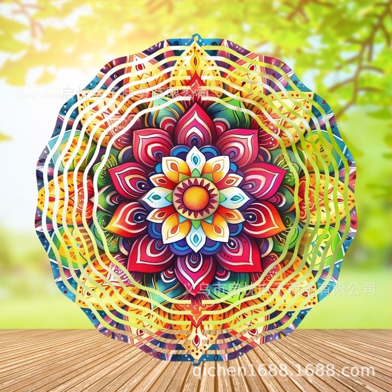Mandala 3D forgó szélspiner függő dekoráció házhoz és kerthez, fém, nyomtatott dizájn