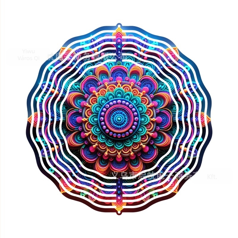 Mandala 3D forgó szélspiner függő dekoráció házhoz és kerthez, fém, nyomtatott dizájn