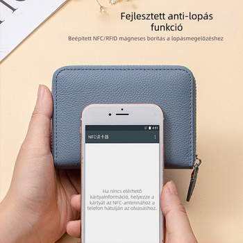 Női valódi bőrből készült kártyatartó RFID védelemmel, cipzáros érméketartóval, nagy kapacitású, első réteg marhabőrből, vízálló és kopásálló