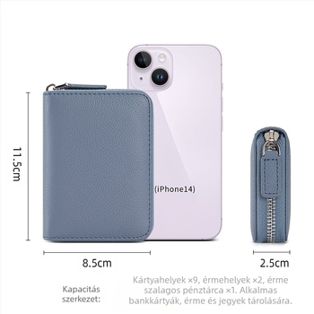 Női valódi bőrből készült kártyatartó RFID védelemmel, cipzáros érméketartóval, nagy kapacitású, első réteg marhabőrből, vízálló és kopásálló