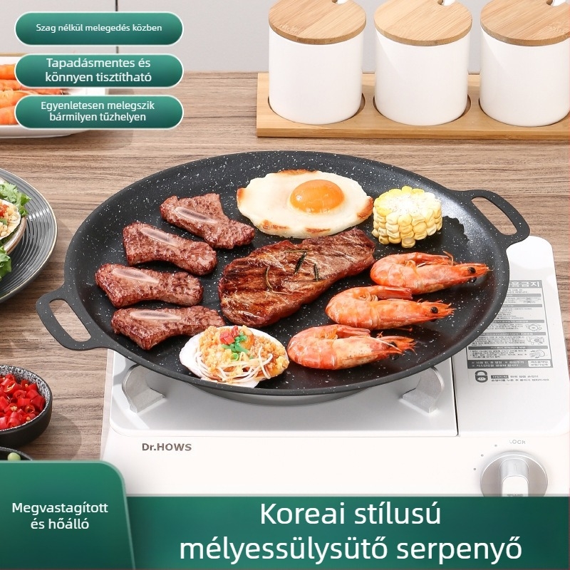 Maifan kő grillsütő serpenyő, koreai stílusú Teppanyaki, kerek vasból, hordozható, tapadásmentes