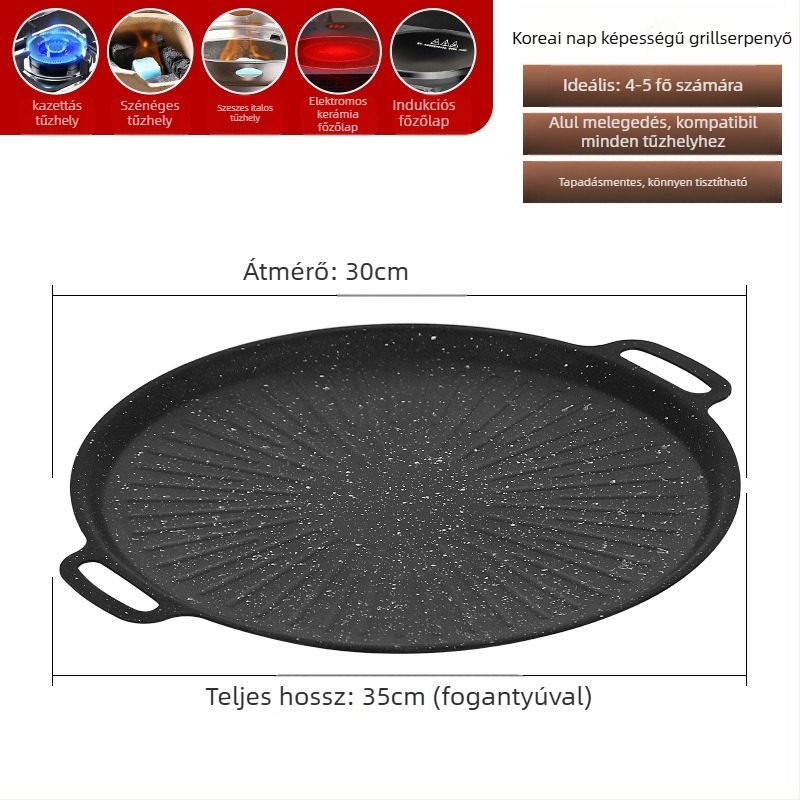 Maifan kő grillsütő serpenyő, koreai stílusú Teppanyaki, kerek vasból, hordozható, tapadásmentes