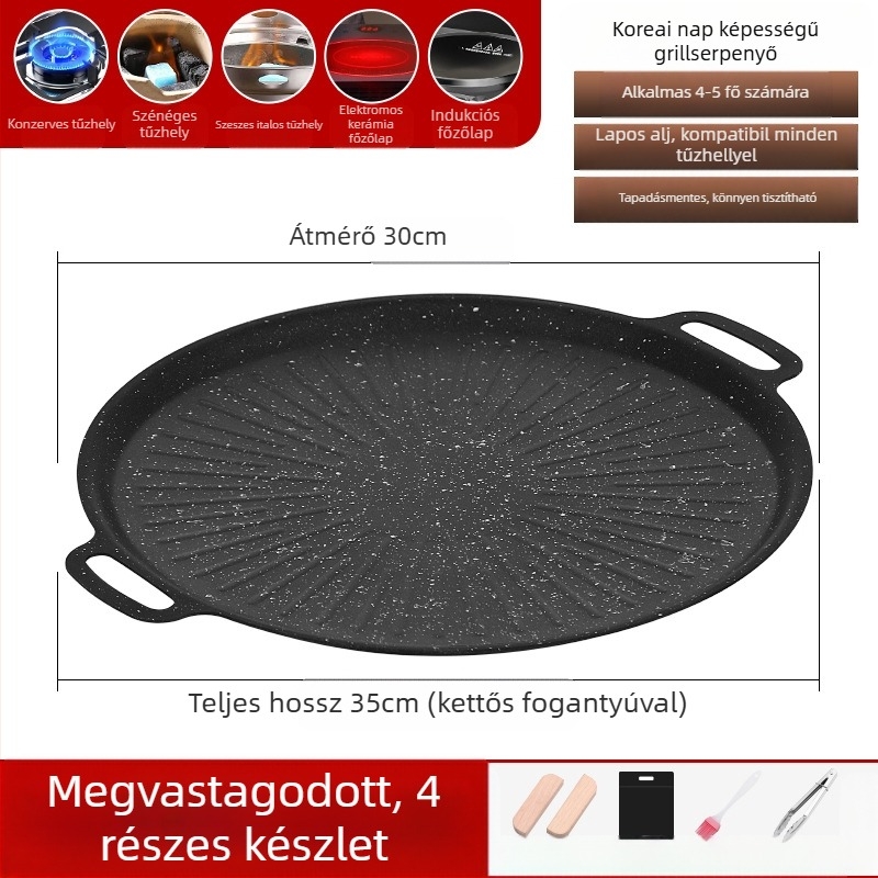 Maifan kő grillsütő serpenyő, koreai stílusú Teppanyaki, kerek vasból, hordozható, tapadásmentes
