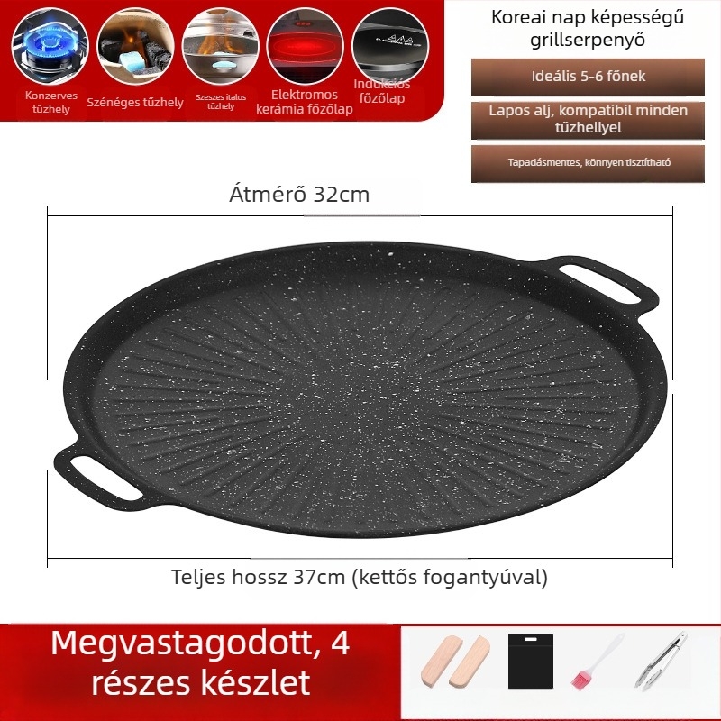 Maifan kő grillsütő serpenyő, koreai stílusú Teppanyaki, kerek vasból, hordozható, tapadásmentes