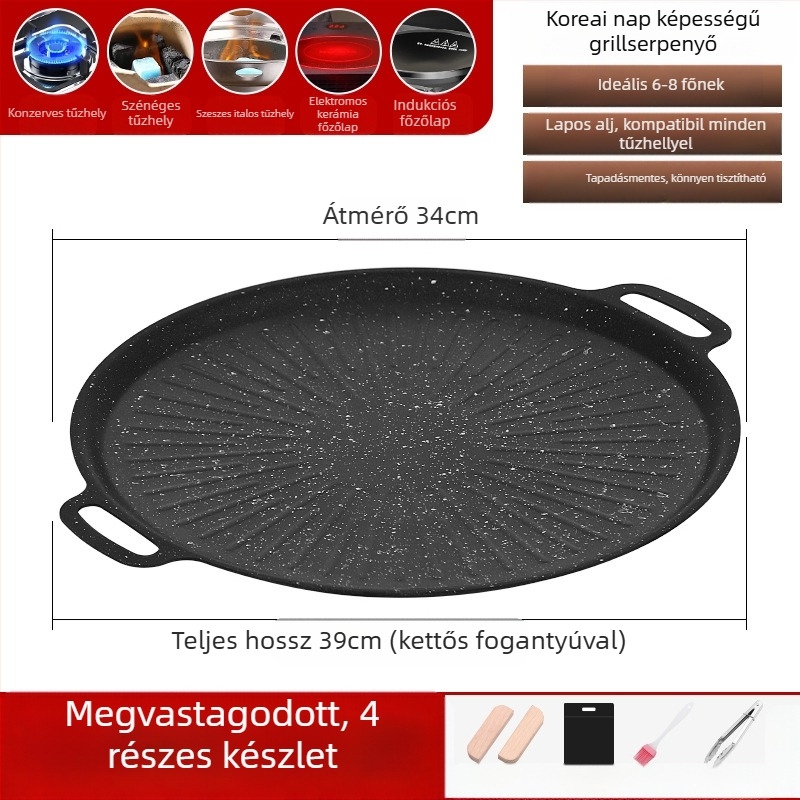 Maifan kő grillsütő serpenyő, koreai stílusú Teppanyaki, kerek vasból, hordozható, tapadásmentes