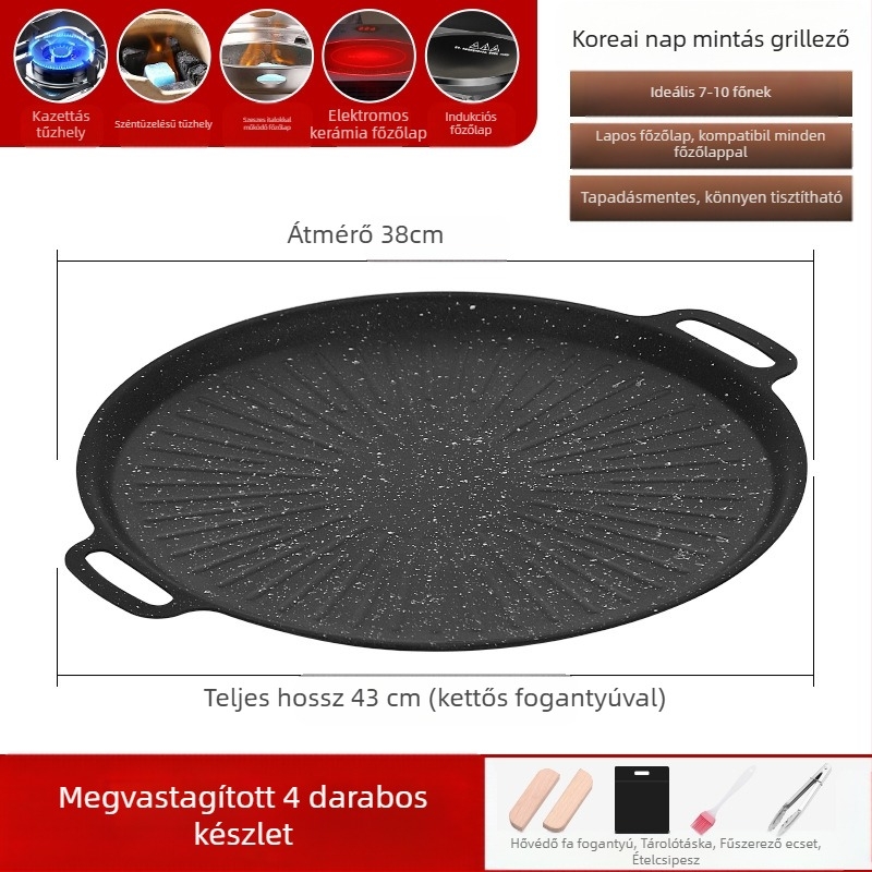 Maifan kő grillsütő serpenyő, koreai stílusú Teppanyaki, kerek vasból, hordozható, tapadásmentes