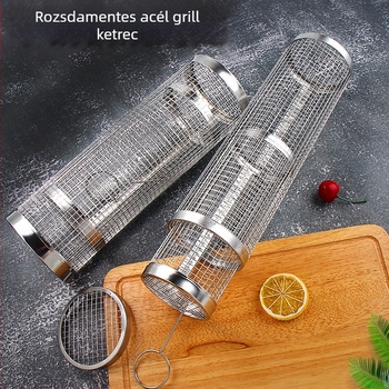 Kör alakú BBQ ketrec 304 rozsdamentes acélból, hengeres, ütéses megmunkálás, levehető, 110–130 g