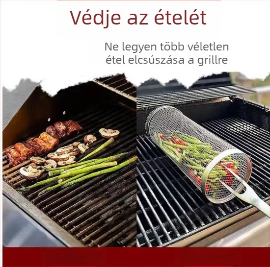 Kör alakú BBQ ketrec 304 rozsdamentes acélból, hengeres, ütéses megmunkálás, levehető, 110–130 g