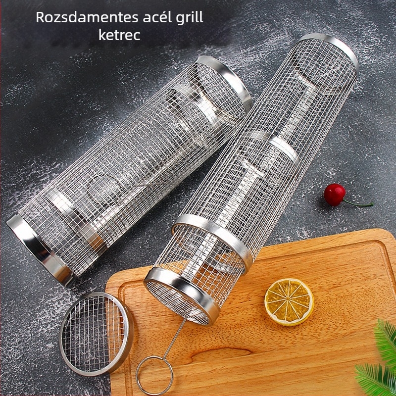 Kör alakú BBQ ketrec 304 rozsdamentes acélból, hengeres, ütéses megmunkálás, levehető, 110–130 g