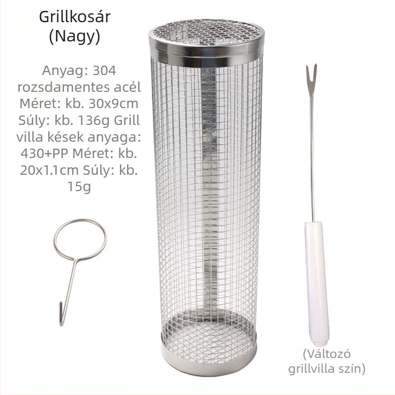 Kör alakú BBQ ketrec 304 rozsdamentes acélból, hengeres, ütéses megmunkálás, levehető, 110–130 g