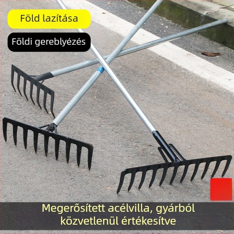 Mangán acél kertigreblé 9 és 5 fogú, talaj fellazítására és gyomirtásra, háztartási használatra