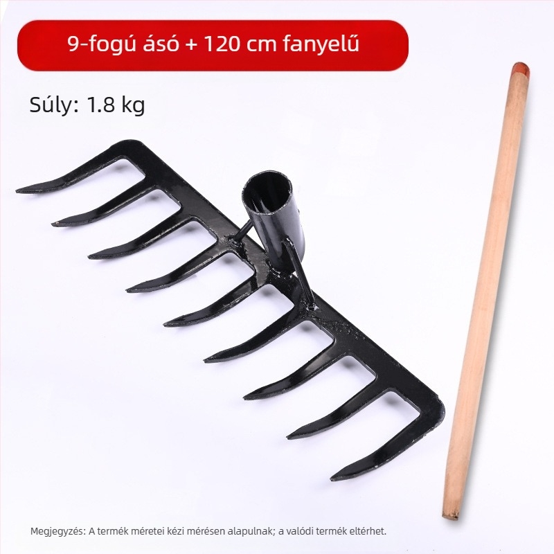Mangán acél kertigreblé 9 és 5 fogú, talaj fellazítására és gyomirtásra, háztartási használatra