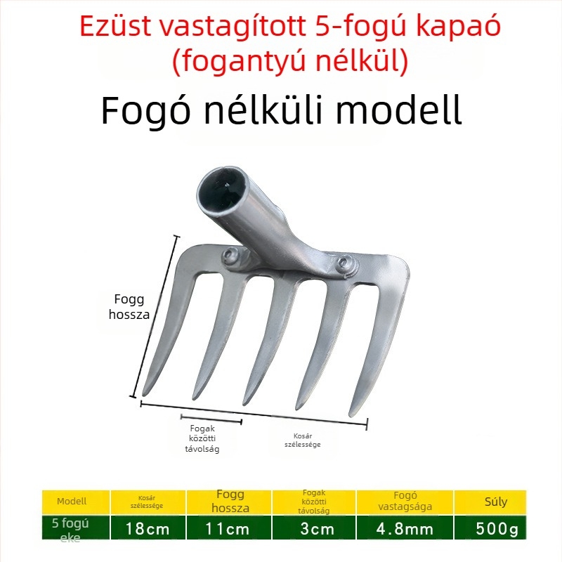 Mangán acél kertigreblé 9 és 5 fogú, talaj fellazítására és gyomirtásra, háztartási használatra