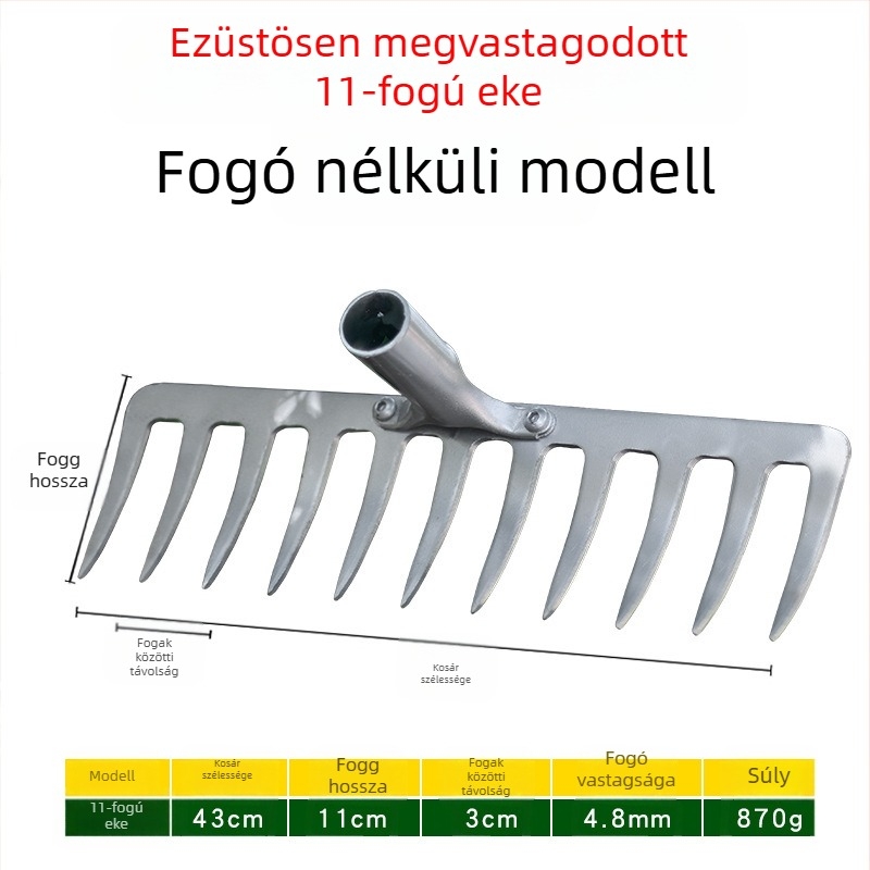 Mangán acél kertigreblé 9 és 5 fogú, talaj fellazítására és gyomirtásra, háztartási használatra
