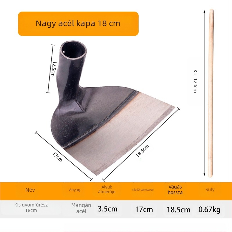 Mangán acél kerti kapa megerősített fejjel, alkalmas ásásra, gyomlálásra és talajkeverésre