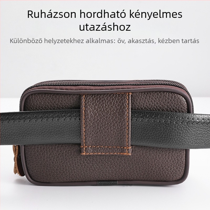 Férfi övön hordható telefontáska, PU bőr, cipzár, függőleges négyszögletes forma, modell 2345