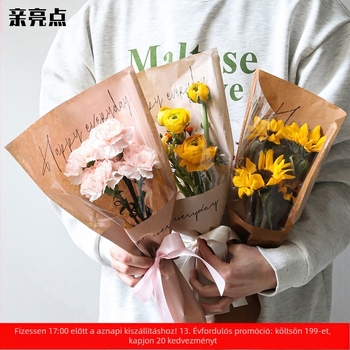 Kraft papírból készült virágcsokor csomagoló taska, vízálló, tintás nyomtatás, opp zacskós csomagolás