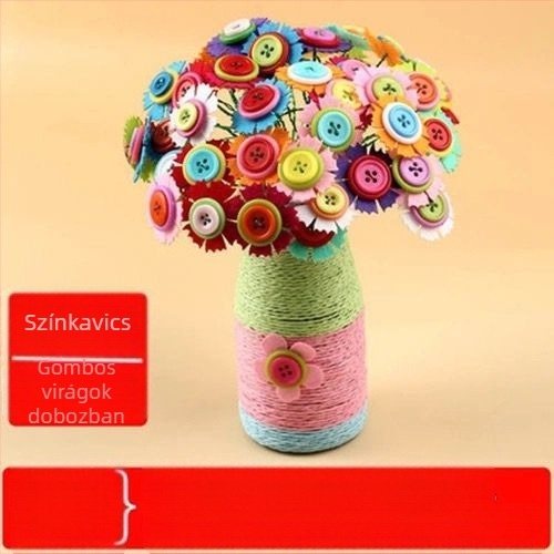DIY gombvirágcsokor készlet - anyag: textil, eredet: Yiwu, csomagolás: színes doboz, 4–6 éveseknek, fejleszti a szellemi fejlődést és a kéz-szem koordinációt