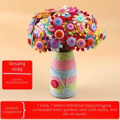 DIY gombvirágcsokor készlet - anyag: textil, eredet: Yiwu, csomagolás: színes doboz, 4–6 éveseknek, fejleszti a szellemi fejlődést és a kéz-szem koordinációt