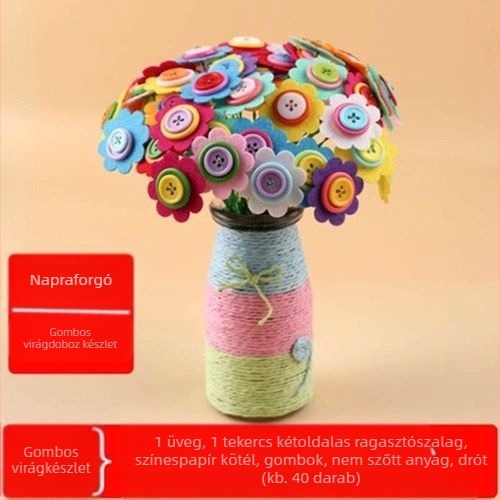 DIY gombvirágcsokor készlet - anyag: textil, eredet: Yiwu, csomagolás: színes doboz, 4–6 éveseknek, fejleszti a szellemi fejlődést és a kéz-szem koordinációt
