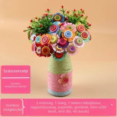 DIY gombvirágcsokor készlet - anyag: textil, eredet: Yiwu, csomagolás: színes doboz, 4–6 éveseknek, fejleszti a szellemi fejlődést és a kéz-szem koordinációt