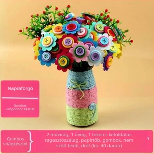 DIY gombvirágcsokor készlet - anyag: textil, eredet: Yiwu, csomagolás: színes doboz, 4–6 éveseknek, fejleszti a szellemi fejlődést és a kéz-szem koordinációt