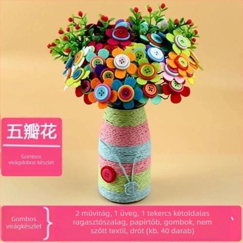 DIY gombvirágcsokor készlet - anyag: textil, eredet: Yiwu, csomagolás: színes doboz, 4–6 éveseknek, fejleszti a szellemi fejlődést és a kéz-szem koordinációt