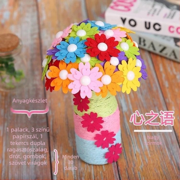 DIY gombvirágcsokor készlet - anyag: textil, eredet: Yiwu, csomagolás: színes doboz, 4–6 éveseknek, fejleszti a szellemi fejlődést és a kéz-szem koordinációt