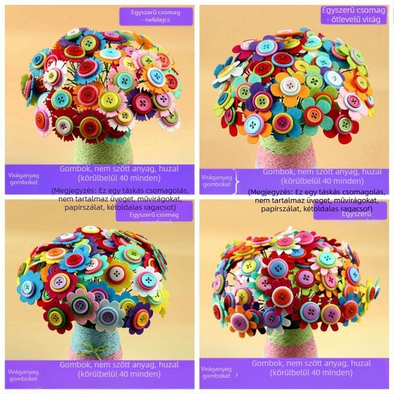 DIY gombvirágcsokor készlet - anyag: textil, eredet: Yiwu, csomagolás: színes doboz, 4–6 éveseknek, fejleszti a szellemi fejlődést és a kéz-szem koordinációt