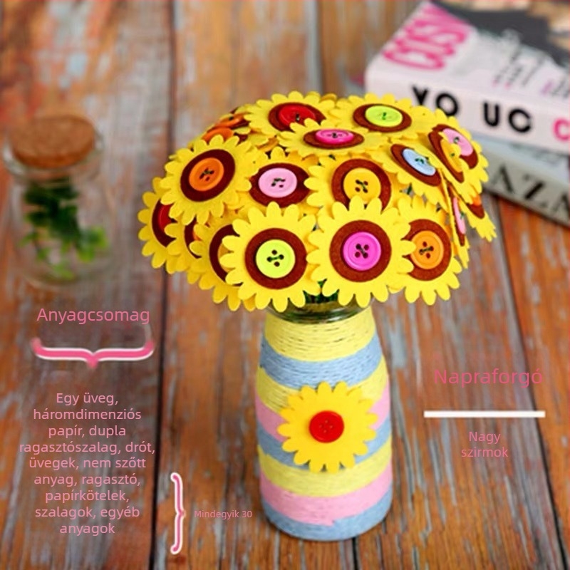 DIY gombvirágcsokor készlet - anyag: textil, eredet: Yiwu, csomagolás: színes doboz, 4–6 éveseknek, fejleszti a szellemi fejlődést és a kéz-szem koordinációt