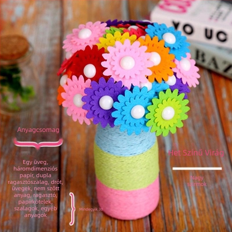 DIY gombvirágcsokor készlet - anyag: textil, eredet: Yiwu, csomagolás: színes doboz, 4–6 éveseknek, fejleszti a szellemi fejlődést és a kéz-szem koordinációt