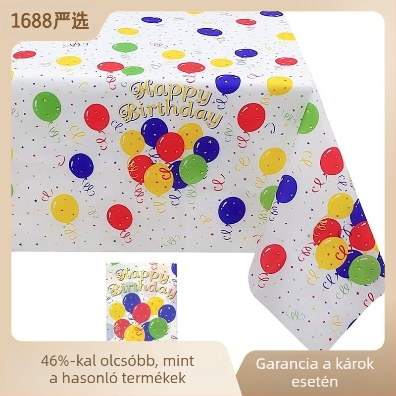 Egyszer használatos lufi motívumos műanyag asztalterítő, polietilén anyagból, téglalap alakú, 0,03 mm vastagság, 36 hónap eltarthatóság