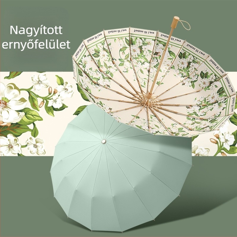 Napernyő 16 bordával, kézi nyitás, UPF50+ UV-védelem, ötvözet bordák, keményfa nyél