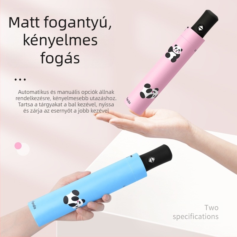 Panda esernyő napsütésre és esőre, fekete UV-bevonat, hordozható, vízálló, kézi nyitás, 3 részes