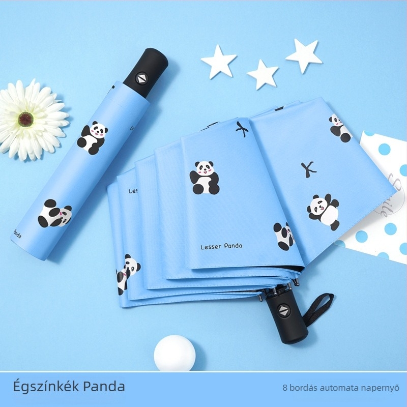 Panda esernyő napsütésre és esőre, fekete UV-bevonat, hordozható, vízálló, kézi nyitás, 3 részes