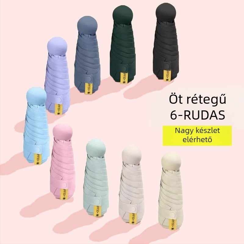 Ötkaros kapszula összecsukható esernyő, zsebméret, UV védelem UPF50+, 190T anyag, 6 borda, acél tengely, műanyag fogantyú, kézi nyitás, reklám esernyő