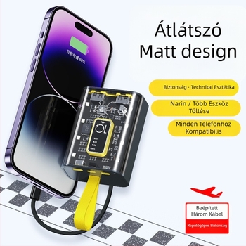 Power Bank 10000mAh beépített kábellel, ipari stílus, Li-ion akkumulátor, bemenet 5V, kimenet 10W QC2.0
