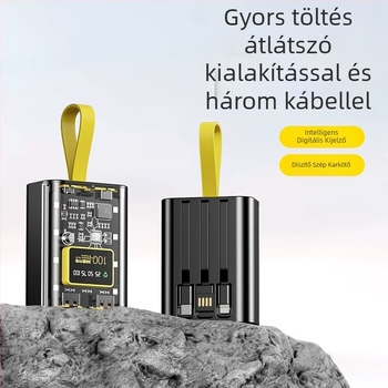 Power Bank 10000mAh beépített kábellel, ipari stílus, Li-ion akkumulátor, bemenet 5V, kimenet 10W QC2.0