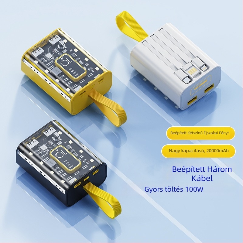 Power Bank 10000mAh beépített kábellel, ipari stílus, Li-ion akkumulátor, bemenet 5V, kimenet 10W QC2.0