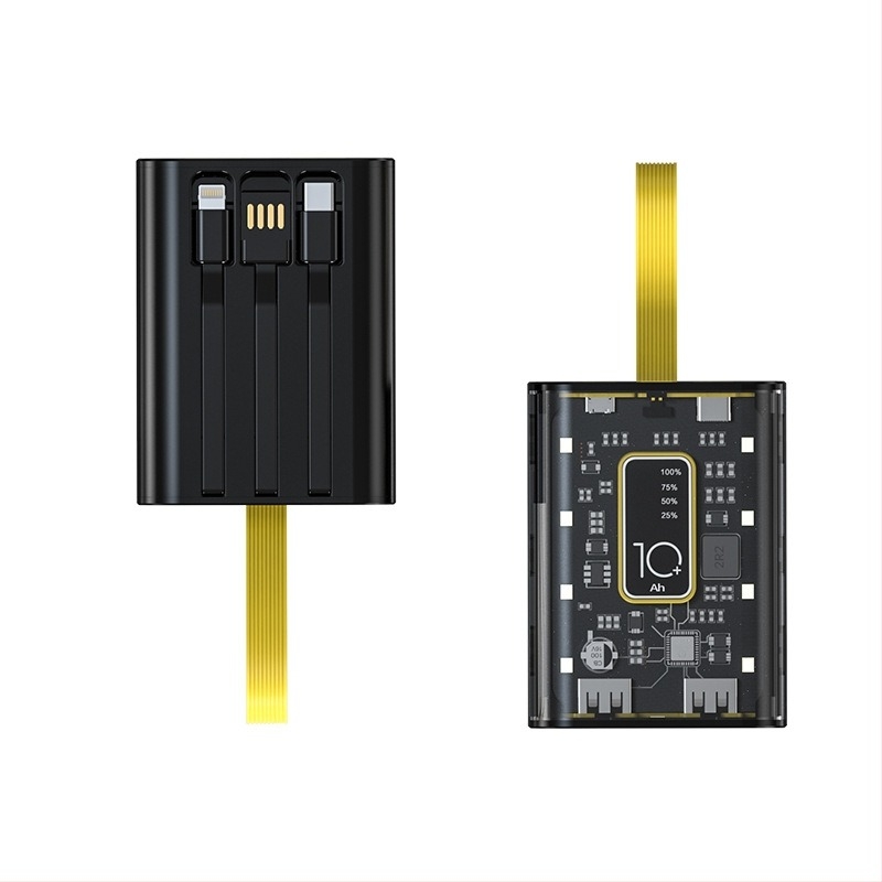Power Bank 10000mAh beépített kábellel, ipari stílus, Li-ion akkumulátor, bemenet 5V, kimenet 10W QC2.0