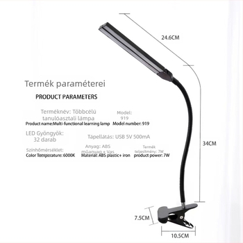 Kétfejes asztali LED lámpa csipeszes rögzítésével, szemvédelem és fényerő-szabályozás, USB-tápellátás, LED éjszakai fény tanuláshoz és olvasáshoz