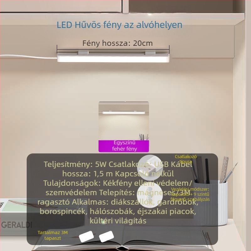 Tanulmányi asztali lámpa USB-s tápegységgel, gombos kapcsolóval, PC anyagból, állítható fényerő, modern minimalist stílus