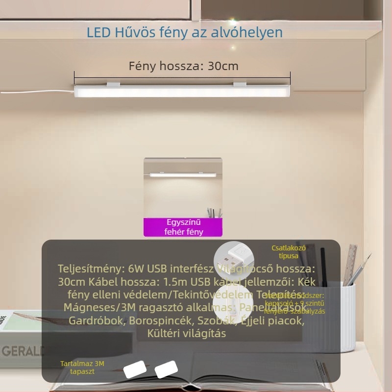 Tanulmányi asztali lámpa USB-s tápegységgel, gombos kapcsolóval, PC anyagból, állítható fényerő, modern minimalist stílus