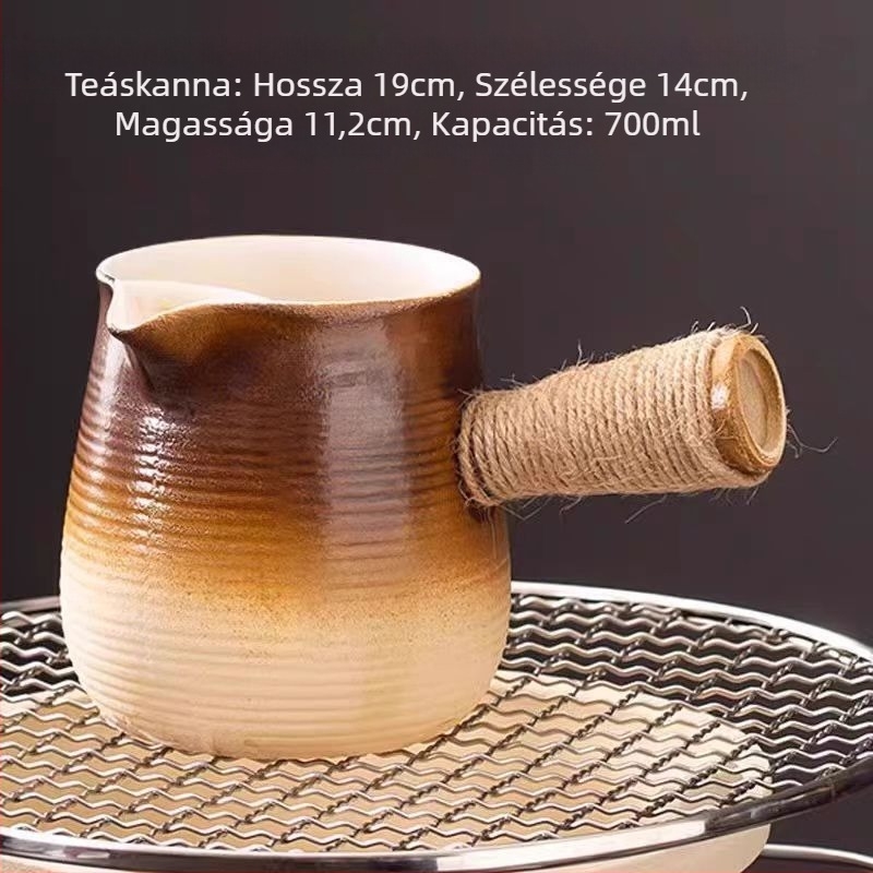 Kerámiás teáskészlet szénfűtéses teafőzővel – kemping teáskészlet nyílt lánghoz, hordozható, hőálló, 6–10 főre elegendő, testreszabás elérhető
