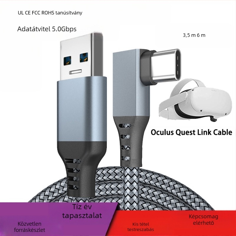 Oculus Quest 2 L-alakú USB-C kábel PC VR-hez, hossz 2–5 m, gyors töltés