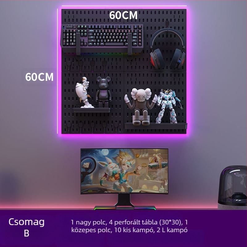 Műanyagból készült lyukacsos falipanel kampókkal – fúrás nélküli szerelés, 1 réteg, többfunkciós tárolás, 20 darabos csomag